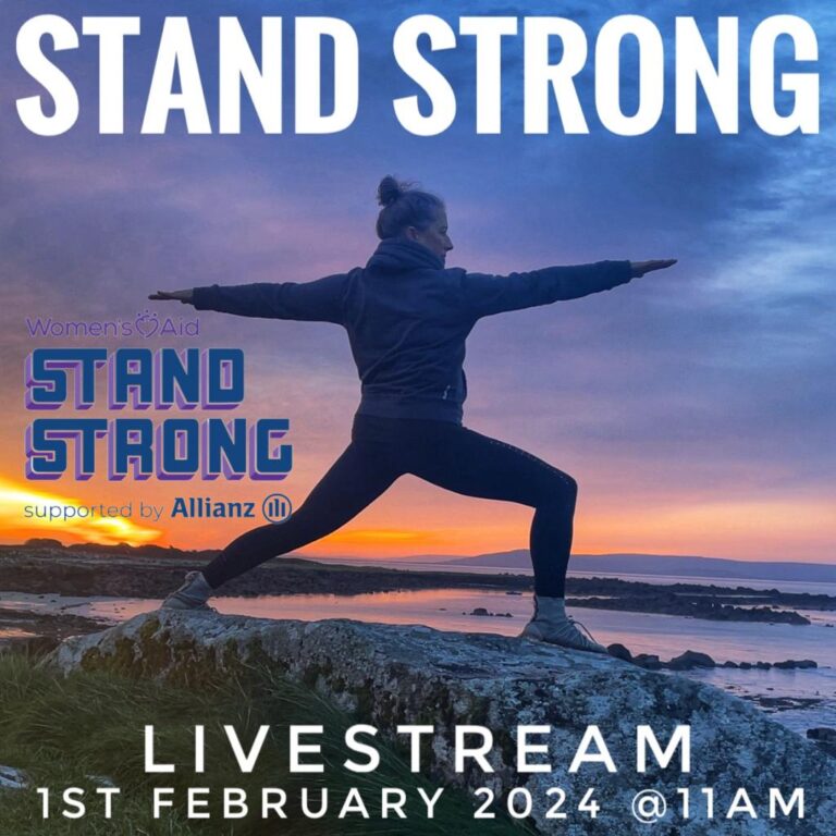 GPT Woman in silhouette performing the warrior pose in yoga against a sunset backdrop, with text promoting a Women's Aid Stand Strong event livestream on February 1, 2024, at 11 AM, supported by Allianz.
